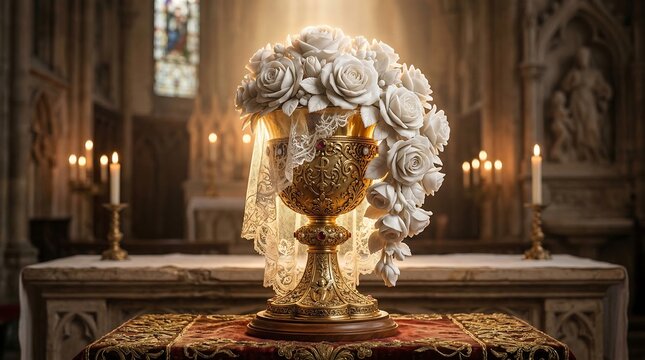 Ornate gold chalice adorned with white roses and lace veil sitting on a red velvet cloth inside a dimly lit stone church with glowing candles on the altar