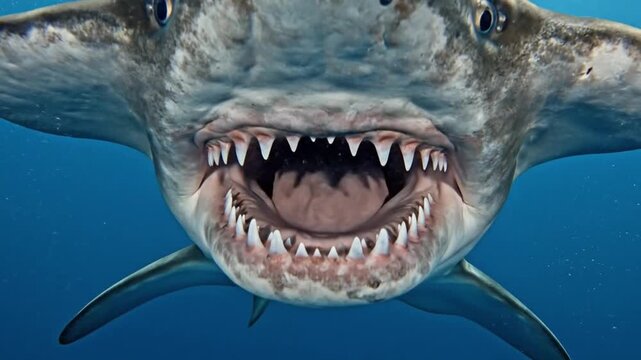 Fierce Shark Depiction. Vivid Portrayal Of Menacing Shark Confronting Its Prey Expertly Shot. Dramatic Sequence Capturing Aggressive Nature Of Hammerhead Shark Revealing Its Formidable Teeth