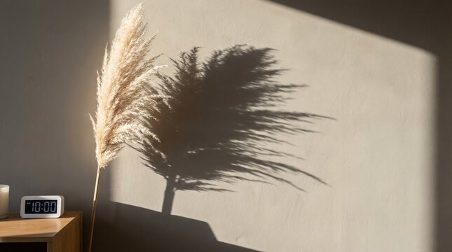 Pampas Shadow: A plain warm-grey wall with a sharp, high-contrast shadow of a pampas grass plume, 10 AM sunlight.