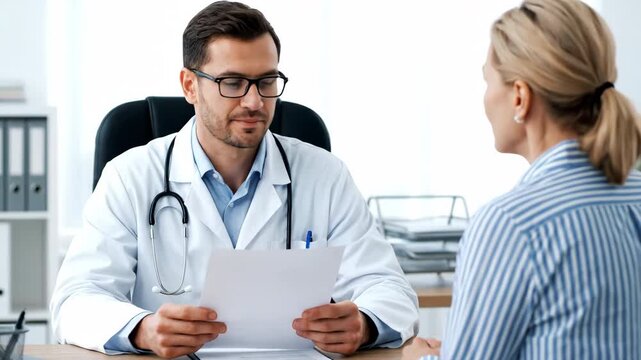 A male doctor in a white coat and stethoscope discusses medical results with a female patient in a consultation room. Natural lighting.