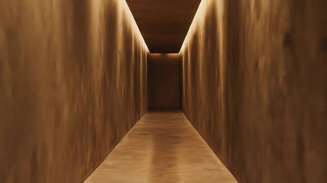 Long, narrow corridor with textured walls creating a sense of depth and perspective, illuminated by hidden warm lights along the ceiling, highlighting modern interior architecture
