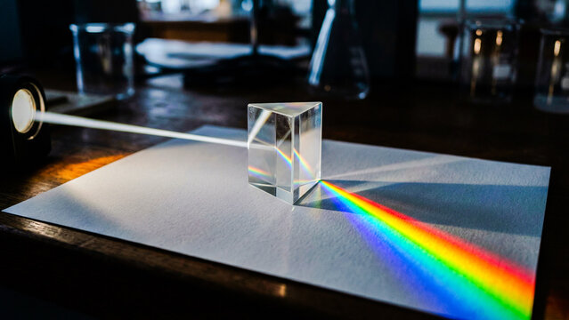 Light refracting through triangular prism creates rainbow