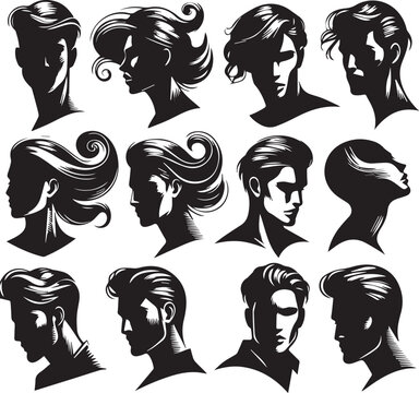 Long curly hair boy silhouette outline stylish trendy graphic illustration