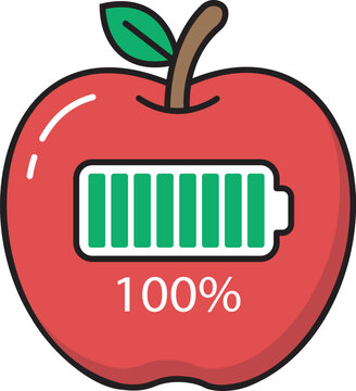 Manual Vector Illustration of Healthy Apple with 100% Full Battery Energy Indicator.