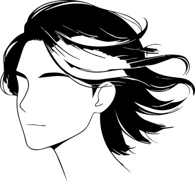 Long curly hair boy silhouette outline stylish trendy graphic illustration
