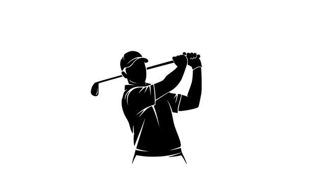 Male golfer silhouette logo vector mid backswing golf swing sports icon isolated on white