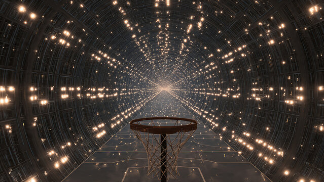 Abstract recursive basketball hoop surrounded by countless small balls with warm light.