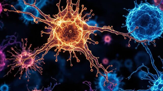 Vibrant depiction of cells and microorganisms in an abstract style.