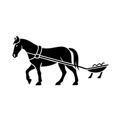 Obraz premium Solid black silhouette of horse pulling plow working in field, depicting traditional agricultural practices. Strong farm horse pulling plow with harness.