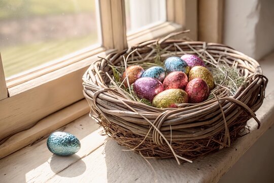 Chocolate easter eggs in woven nest basket by window. Easter tradition