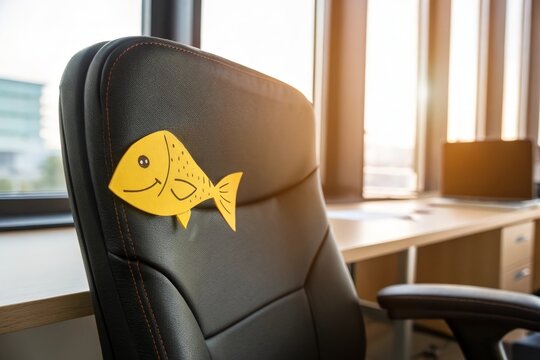 Paper fish attached to office chair back. April fool workplace prank