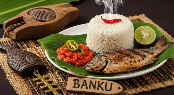 Authentic Ghanaian Banku and Grilled Tilapia with Pepper Sauce and Steam - Traditional Fermented Dough on Kente Mat with Odum Sign