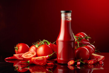 Bottle of ketchup or tomato sauce with fresh tomatoes.