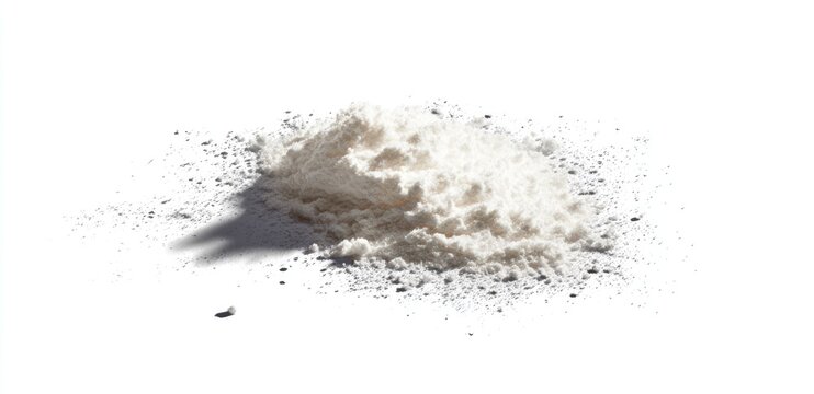 A small pile of fine white powder isolated on a white background with a shadow.