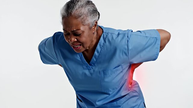 Elderly woman in blue scrubs experiencing lower back pain and discomfort