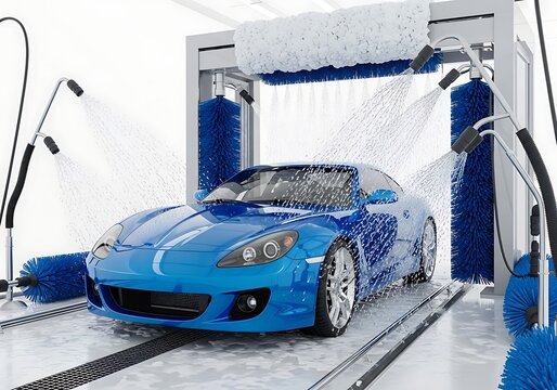 A blue sports car being washed in an automatic car wash