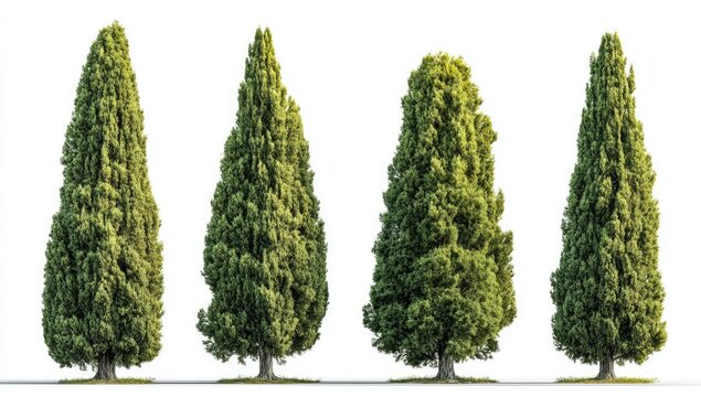 Four Tall Green Cypress Trees Isolated on White Background.