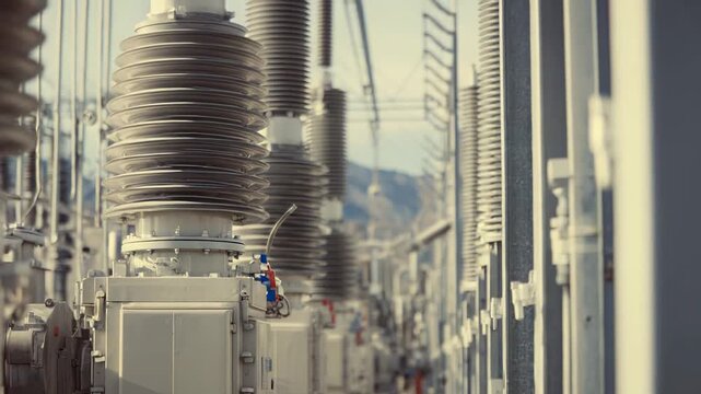 Electrical power station infrastructure featuring high voltage equipment and transformers, enabling energy generation, transmission, and distribution to consumers