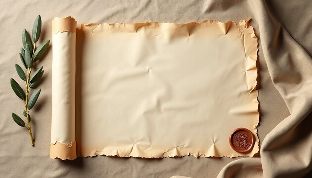 Ancient scroll with olive branch and wax seal on fabric backdrop. Scroll features aged parchment texture and natural colors, showcasing historical elements. Ideal for religious themes,