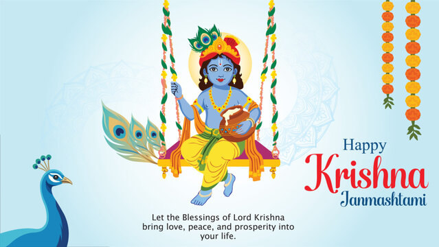 Krishna Janmashtami: A festive illustration of Lord Krishna, a central figure in the Hindu religion, in a celebratory pose with peacock feather.