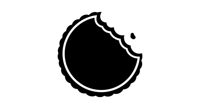 A simple black and white illustration of a bitten cookie.