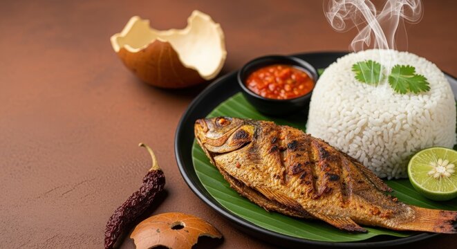 Gourmet Ghanaian Banku and Grilled Tilapia with Pepper Sauce and Steam - Offset Layout with Earth-Toned Copyspace for Pull Quotes