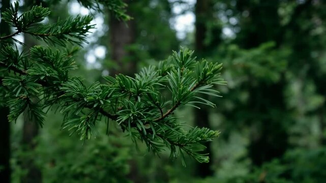 Close-up of a green conifer branch in a serene forest setting.