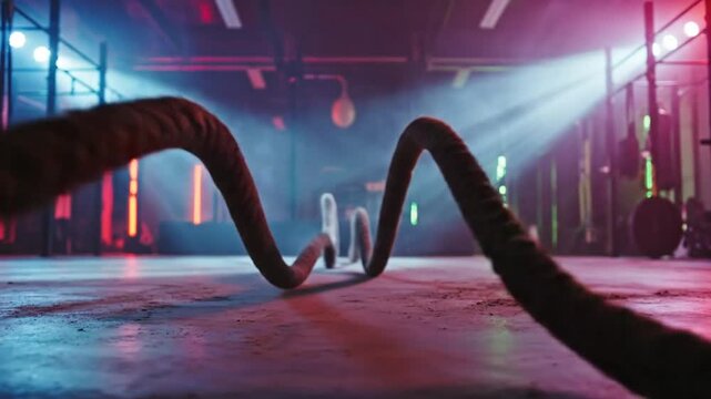 Low angle view of battle ropes coiled on a gym floor with colorful lighting effects creating a powerful atmosphere