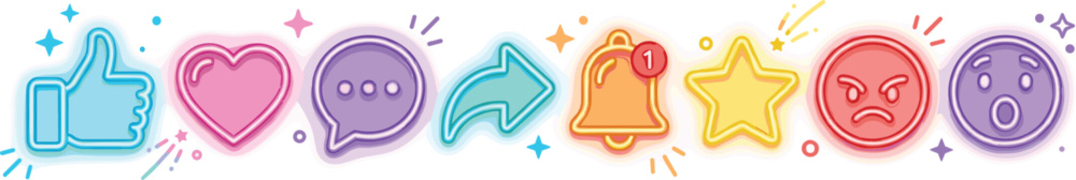 Vibrant Neon Social Media Reaction Icon Set Featuring Thumbs Up Heart Chat Bubble Notification Bell Star and Emoji Symbols for Digital Interface Design