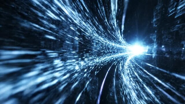 Abstract digital tunnel with bright blue light streams and particles, representing futuristic technology, data transfer, and artificial intelligence