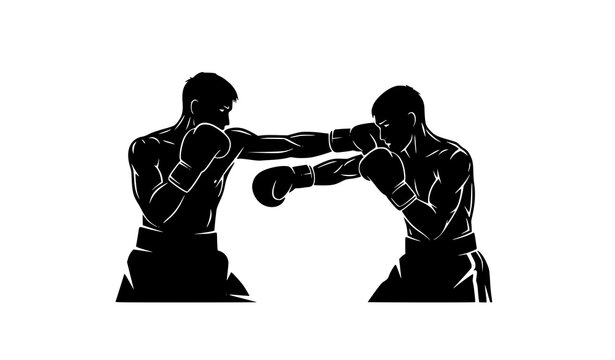Two boxers silhouette vector logo fighting sports combat action isolated on white