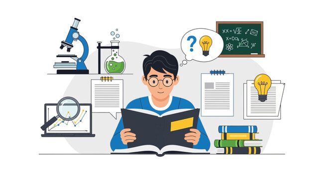 Student reading book with science and math elements, idea lightbulb, microscope, chemistry.