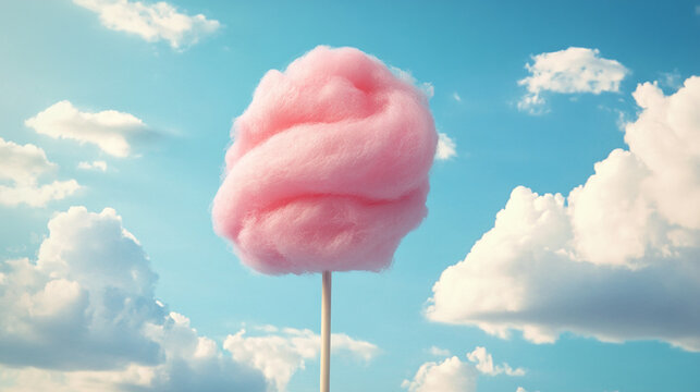 pink cotton candy on stick against blue sky with clouds