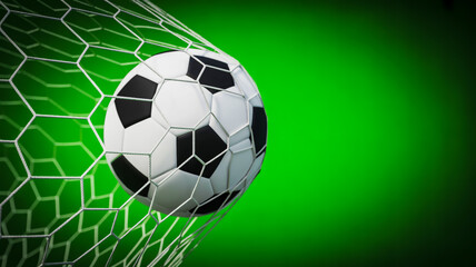 Naklejka premium A soccer ball flies into the goal net on a green field
