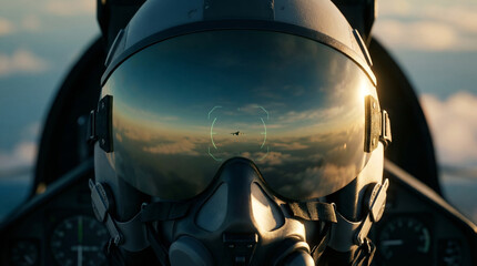 Fototapeta premium An extreme close-up cinematic perspective from a fighter jet cockpit, capturing the pilot's focused view as another aircraft is targeted against a breathtaking golden sky