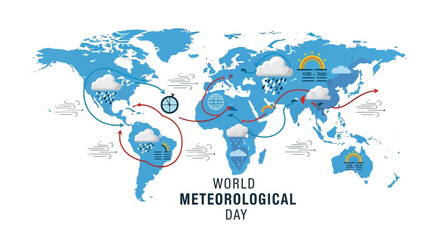 Illustration of a world map with weather symbols and routes on World Meteorological Day against a clean white background. © Partono