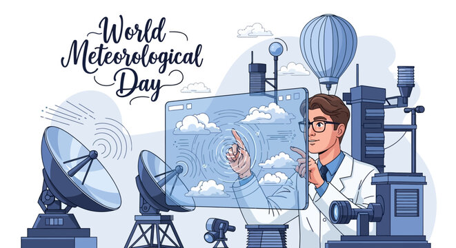 Illustration of a meteorologist presenting weather data on a screen with satellite equipment around him on World Meteorological Day.