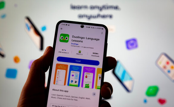 Smartphone Displaying Duolingo Language Learning App Install Page In Mobile App Store. Educational Language Learning Platform Interface For Online Courses And Skill Development Editorial Use Only