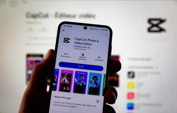 Smartphone Displaying CapCut Photo And Video Editor App Install Page In Mobile Store. Content Creation And Video Editing Application Interface For Social Media Production Editorial Use Only
