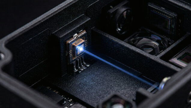 Extreme macro of a glowing blue laser emitter chip inside an optical sensor module with glass lenses
