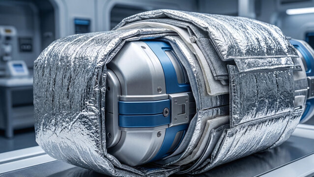 Close-up of a metallic cylindrical container wrapped in thick silver thermal insulation layers in a sterile room