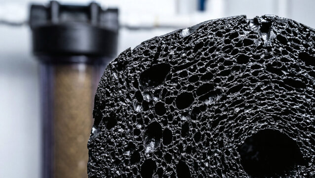 Close-up of a thick highly porous black activated carbon block water filtration media