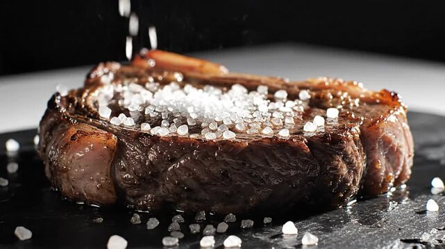 Close up view of coarse salt being poured onto a grilled ribeye steak on a black slate