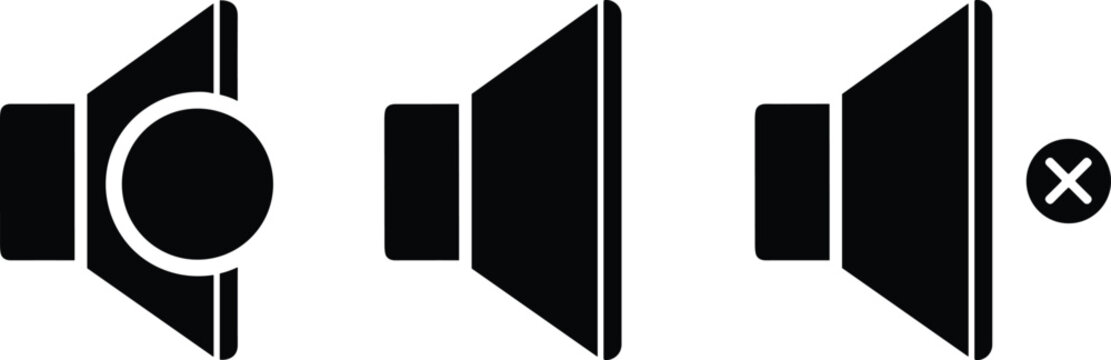 Vector set of speaker and volume control icons including mute, low, and high sound symbols isolated on white background for multimedia interface and digital app design.