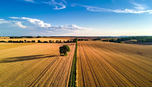 Aerial View of Summer Field Landscape with Blue Sky and Trees in Rural Countryside Panoramic Vista.