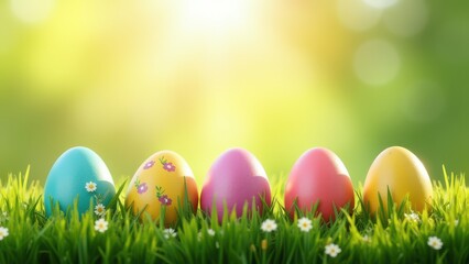 Fototapeta premium three painted easter eggs on green grass meadow with sunlight spring background with copy space