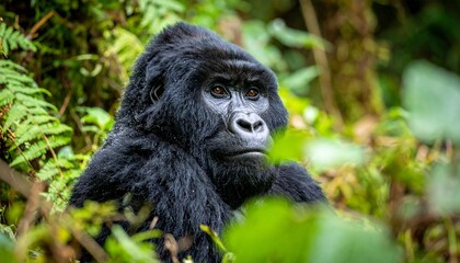 Obraz premium Majestic Mountain Gorilla Portrait in Lush Green Forest Habitat Conservation Awareness Wildlife Protection.