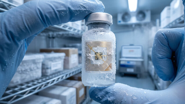 Close-up of gloved hands holding a frosted medical vial with an embedded gold RFID tracking microchip in a cold storage room