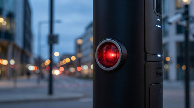 Close-up of a glowing red infrared optical sensor embedded in a black smart city infrastructure pole at dusk