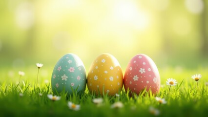 Fototapeta premium three painted easter eggs on green grass meadow with sunlight spring background with copy space